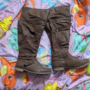 Brown Knee-High Boots with Buckle Detail